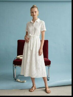 Zara White Midi Eyelet Lace Short Sleeve Button Down Shirt Dress Sz M